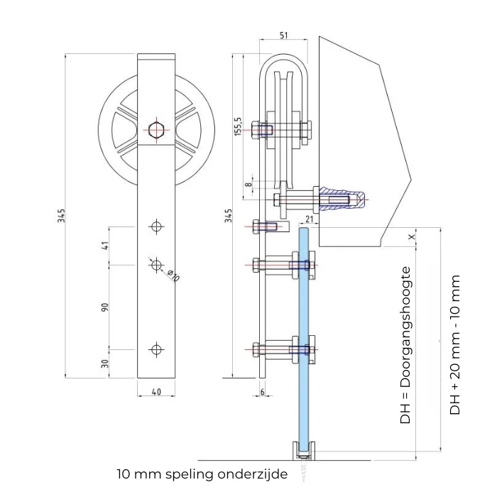 Schuifdeur met zwarte "Open rail"  en helder glas