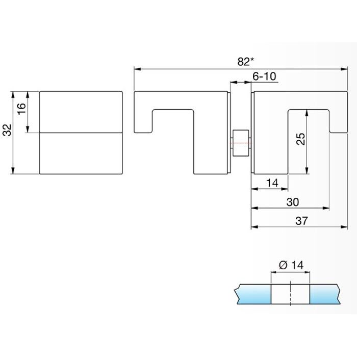 Deurknop-douchedeur-rechthoekig-glans-chroom-technische-tekening