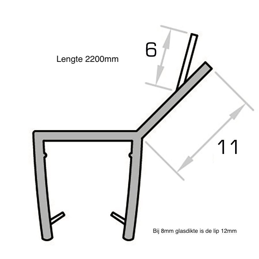 Douchestrip met naar binnen staande zij-lip 135º Douchestrip met naar binnen staande zij-lip 135º