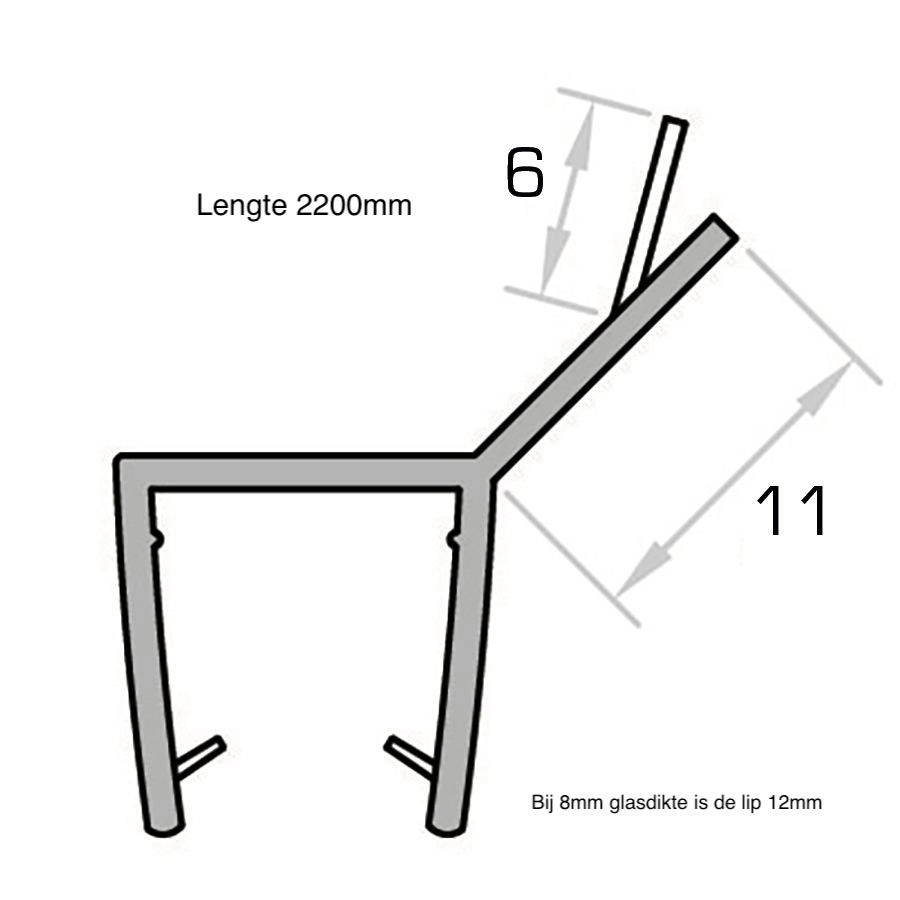 Douchestrip met naar binnen staande zij-lip 135º