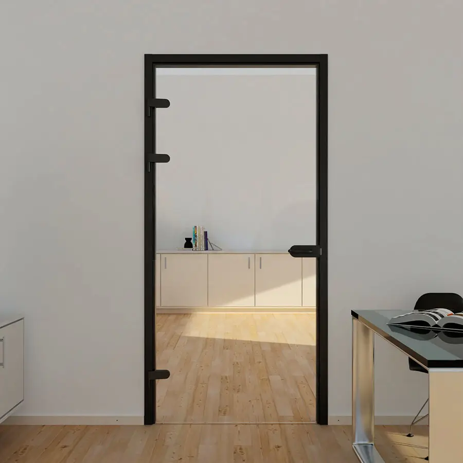 Opdekdeur XL van helder glas met zwart deurbeslag