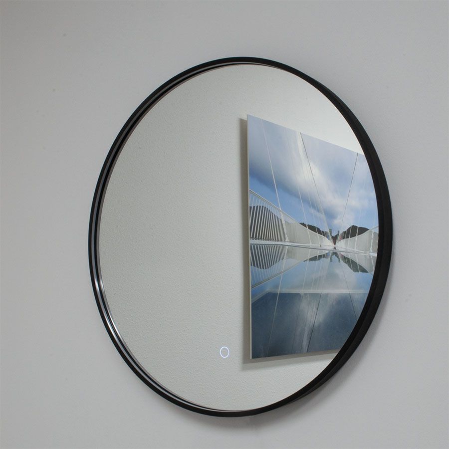 Badkamerspiegel rond met direct licht en verwarming, mat zwart frame, 60 cm