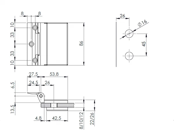 Clarit scharnier voor stompe deur RVS